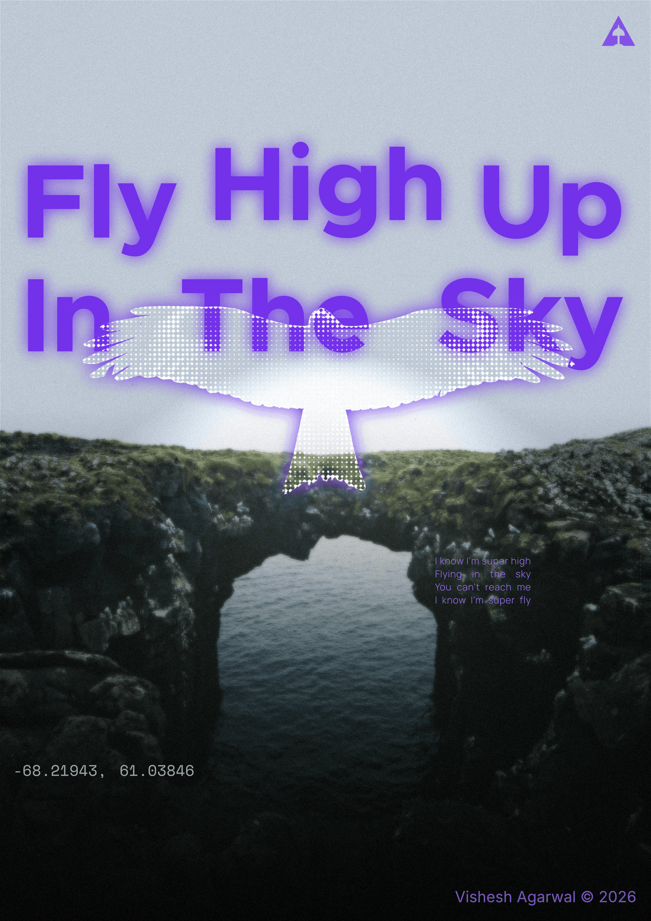 Conceptual poster titled “Fly High Up In The Sky,” features a halftone eagle in the middle. Some coordinates are written -68.21943, 61.03846 that points to somewhere? with copyright text for Vishesh Agarwal and Arika House. The poster expresses the feeling of being high.